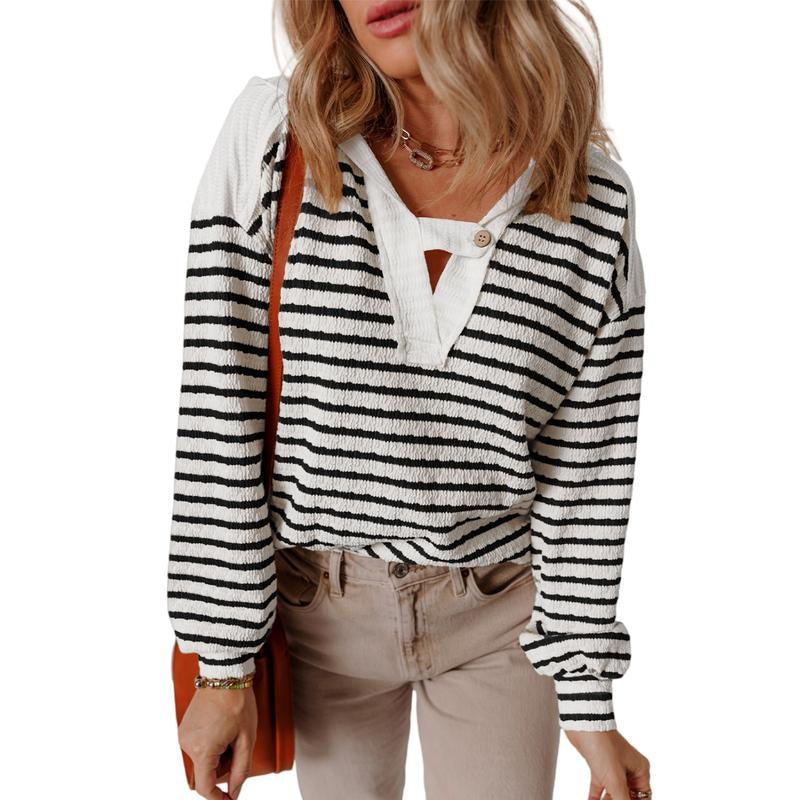 Asvivid Fall Clothes for Women Striped Hooded V Neck Casual Long Sleeve Top Comfy & Stylish Everyday Wear Casual Tops Blouse Shirts