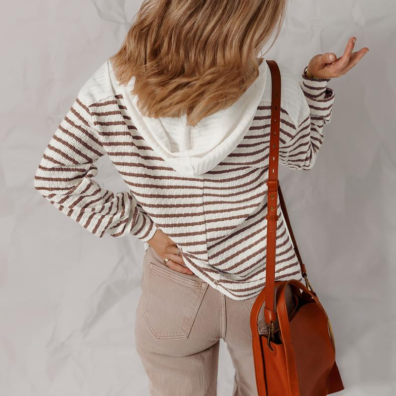 Asvivid Fall Clothes for Women Striped Hooded V Neck Casual Long Sleeve Top Comfy & Stylish Everyday Wear Casual Tops Blouse Shirts