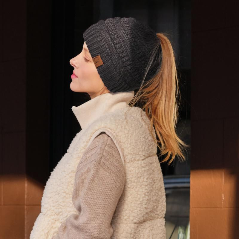 C.C Women’S Ponytail Beanie Tail Hat – Chic & Cozy Knit Winter Hat with High Ponytail Opening, Perfect for Halloween, Fall & Winter