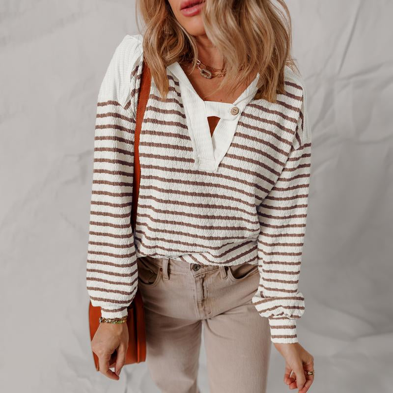 Asvivid Fall Clothes for Women Striped Hooded V Neck Casual Long Sleeve Top Comfy & Stylish Everyday Wear Casual Tops Blouse Shirts